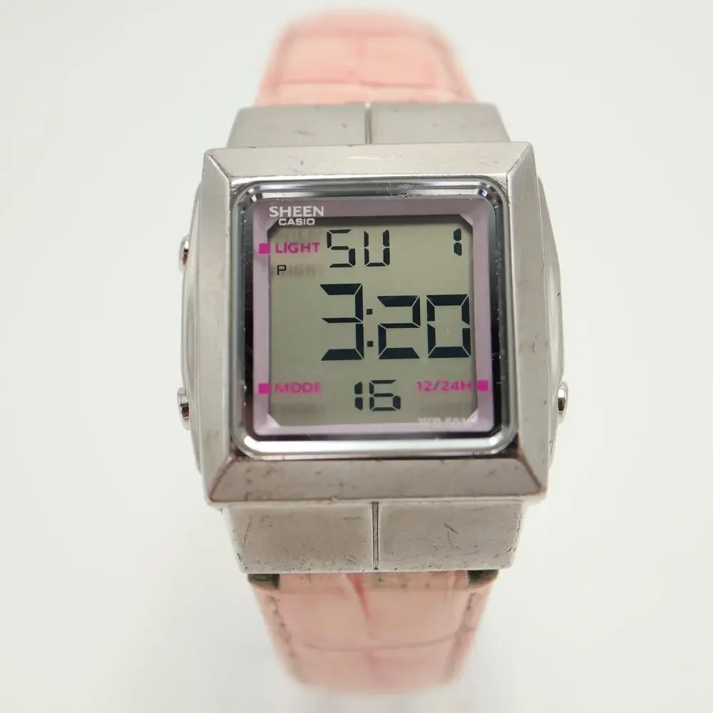 Casio Sheen Womens 30mm Digital Watch Pink Leather AL Chrono SHN-400 New Battery